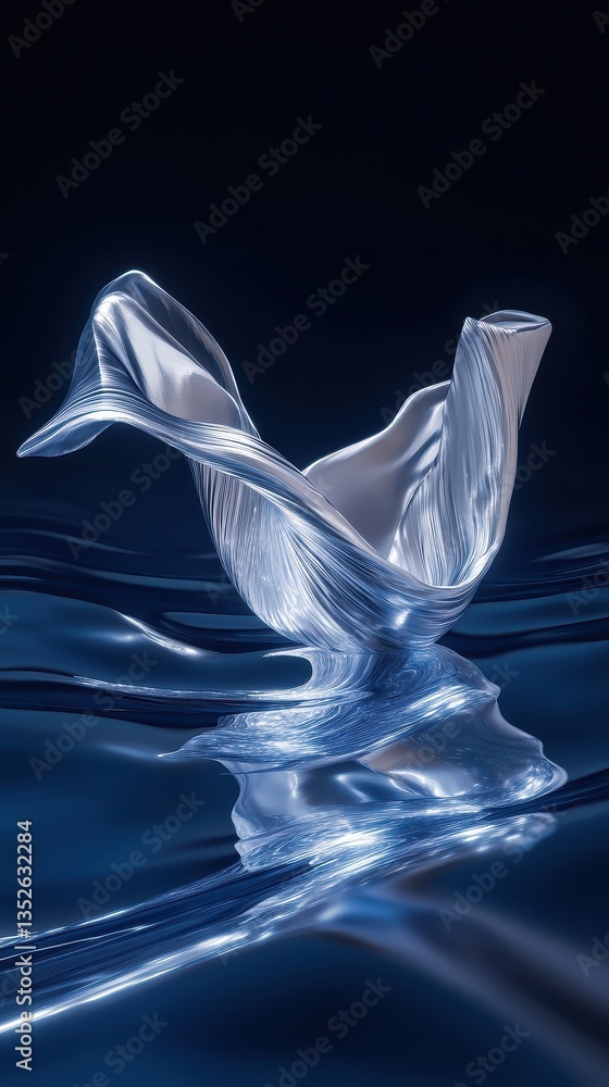 Poster a flowing silver fabric structure is reflected on a smooth surface