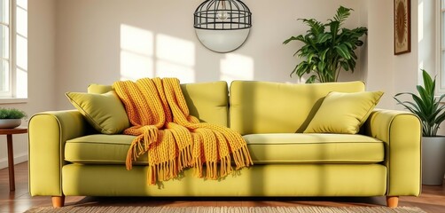 Plush olive green sofa draped with a mustard yellow knit throw blanket in a sunlit living room, olive green, natural light