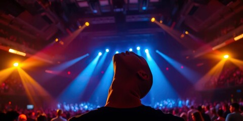 Head tilted upward, stage lights dazzling in packed venue, perspective, architecture