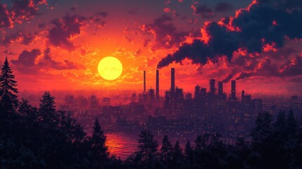 Crimson Sunset Over Industrial Cityscape