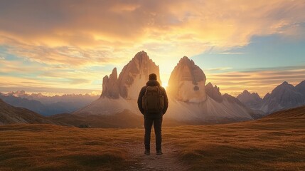 A hiker gazes at majestic mountains during sunset.