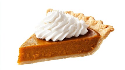 Pumpkin Pie Slice with Whipped Cream on White, dessert , food photography