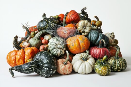A captivating pile of colorful pumpkins and gourds adorned with a spiderweb, perfect for autumnal displays. - Powered by Adobe