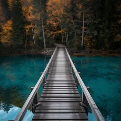 A rustic wooden bridge stretches across a tranquil teal lake, nestled within a forest showcasing vibrant autumnal foliage. The scene is peaceful and inviting.