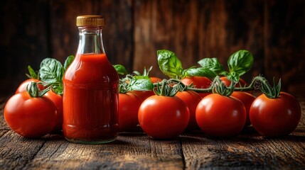 Fresh tomato sauce in a glass bottle surrounded by ripe tomatoes and fresh basil leaves on a rustic wooden table