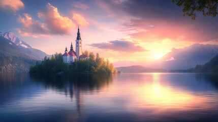 Serene castle landscape under a colorful sunset over calm waters.