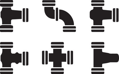 A vector silhouette illustration set of UPVC sanitary fittings, including tee, cross tee, bend, socket, and elbow. Ideal for plumbing designs, construction projects, technical drawings