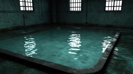 Obraz premium A concrete room featuring a shallow water filled pool