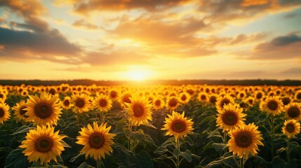 Obraz premium Beautiful vibrant sunflowers field glows under a warm sunset golden light