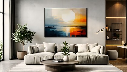 Modern living room with abstract art.
