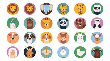Cartoon Animals Heads Collection Lion, Elephant, Giraffe, Panda, Dog, Sheep, Cow, Bird