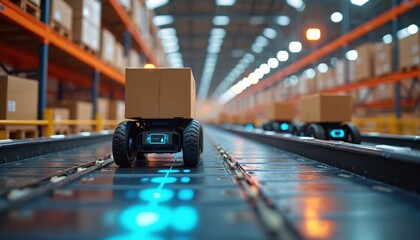 Smart warehouse with robots using augmented reality tech for package delivery. Modern logistic, futuristic supply chain, automated system, industry 4. 0, AI concept. Digitalization.