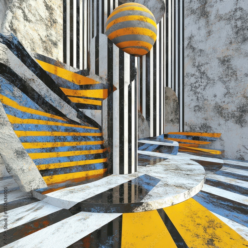 Aufkleber an abstract architectural artwork with striped elements and spherical object