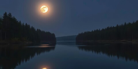 Serene full moon illuminates river and forest, reflecting on calm water, peaceful, night scene