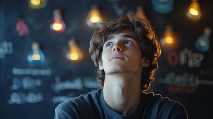 A handsome young man thinking with a chalkboard background and colorful light bulb drawings on it, an idea concept for a business.