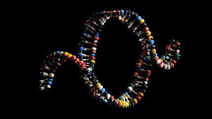 DNA genetic model technology concept. helix interconnected polygons on black background.