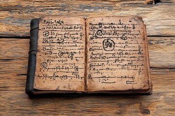 Naklejka premium Antique Open Book on Rustic Wooden Surface