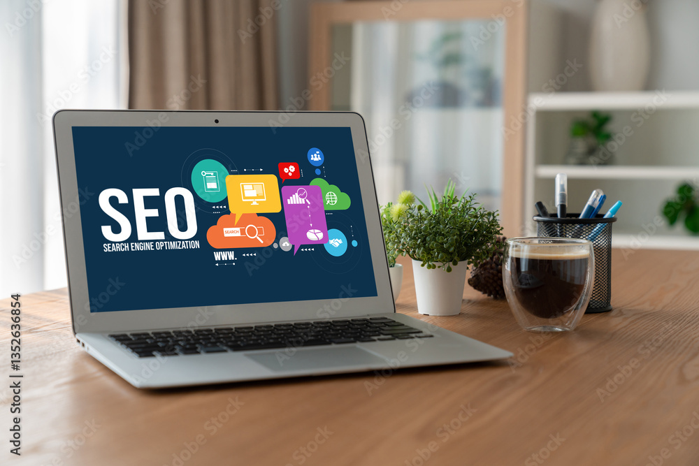 Aufkleber seo search engine optimization for modish e-commerce and online retail business showing on computer 