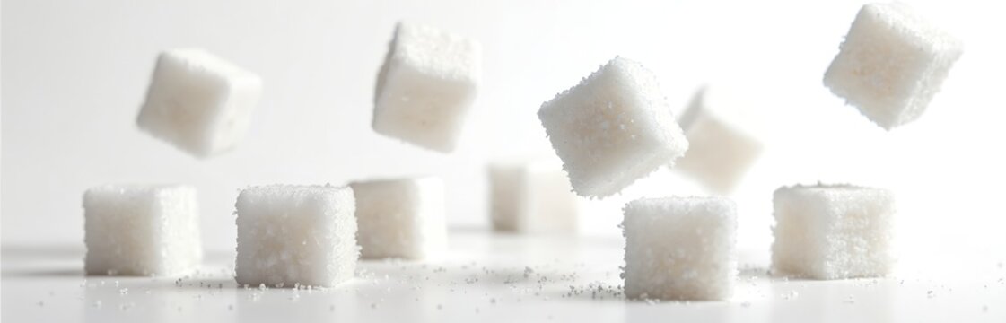 Sugar cubes on white background. Minimalist food photography, ideal for breakfast drinks, coffee, tea. Sweet dessert treats concept. Culinary theme for cafe, restaurant menu, recipe books.