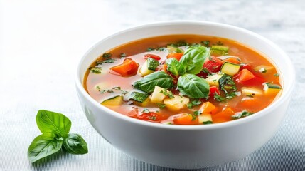 Bowl of Fresh Minestrone Soup Topped with Basil Leaves,Vegetarian , healthyfood