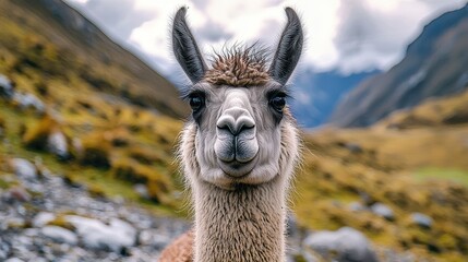 Obraz premium a llama looking at the camera with mountains in the background. 