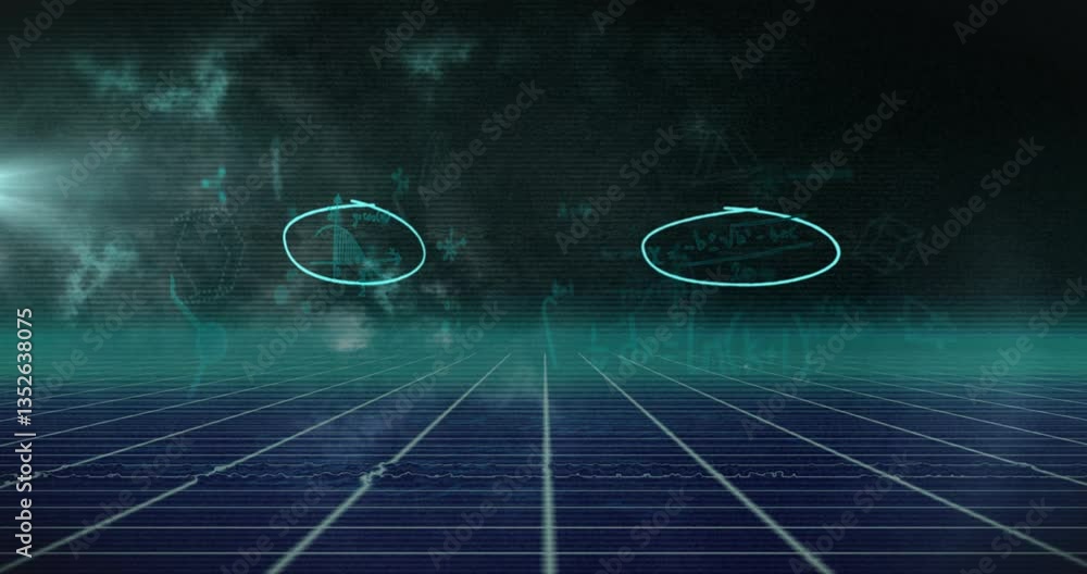 Poster floating mathematical equations and animation in futuristic digital grid atmosphere