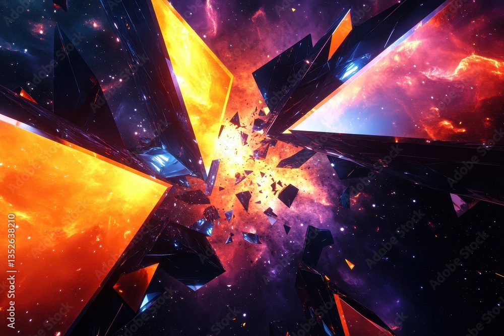 Poster abstract artwork depicting fragmented structures within a colorful cosmos