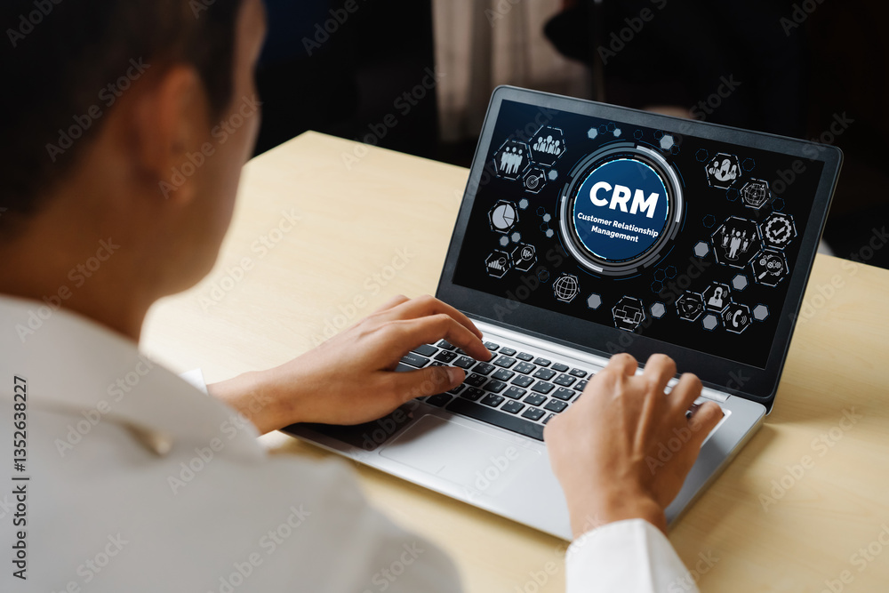 Poster customer relationship management system on modish computer for crm business and enterprise