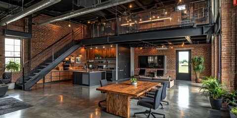Fototapeta premium a large industrial office space with a wooden table, a staircase, and a lofted area with exposed brick walls. 