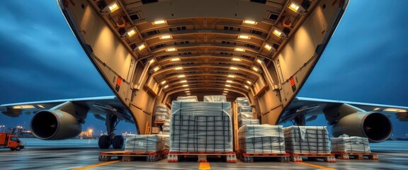 Large cargo plane's hold being filled with pallets of freight, ground crew, transport