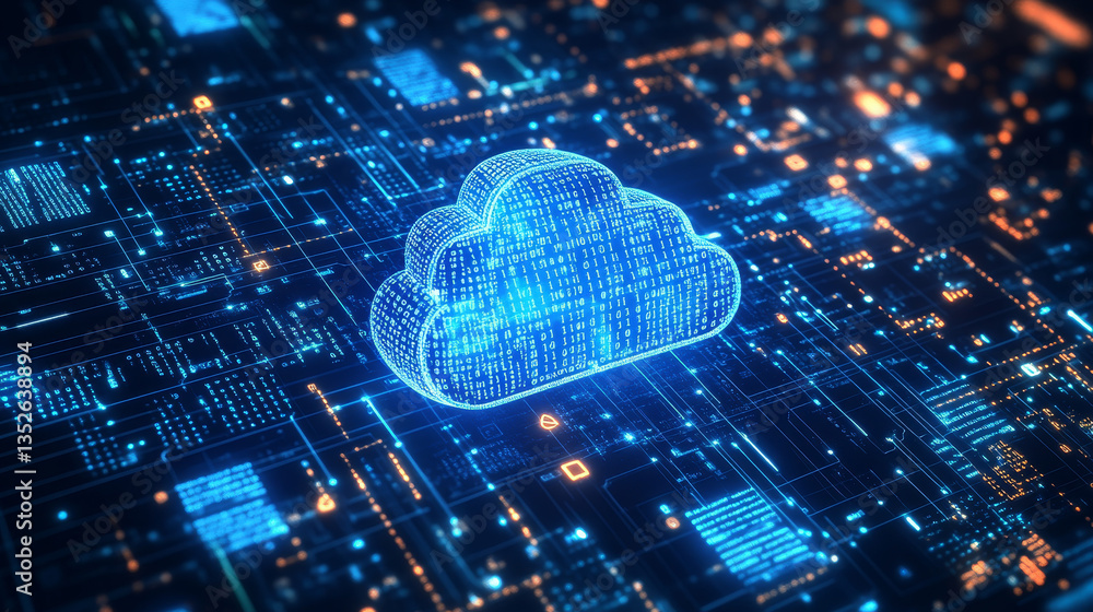 Poster cloud and edge computing technology concepts with cybersecurity protection. there is a large cloud i