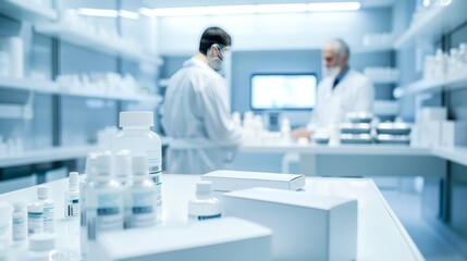 Medicines in foreground and blurred two pharmacists collaborate in a contemporary pharmaceutical lab, reviewing products on shelves while ensuring quality standards are met for efficient production