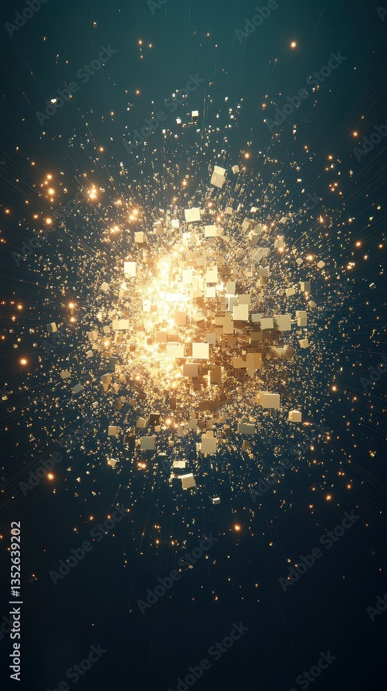 Poster illuminated cubes and particles exploding against a dark blue background
