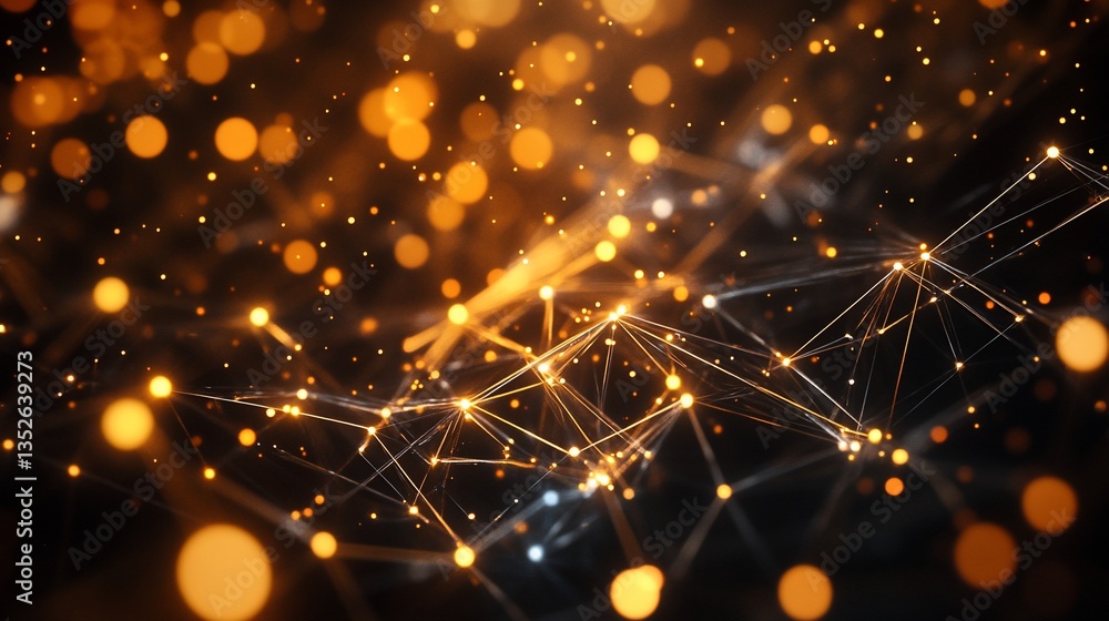 Poster abstract golden network connections with glowing particles and lines
