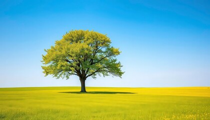 Lone tree stands sentinel on a vibrant green spring field under a vast blue sky, nature background, horizon