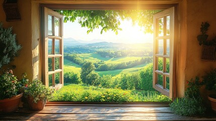 Breathtaking view from an open window revealing lush greenery and vibrant natural beauty at dawn