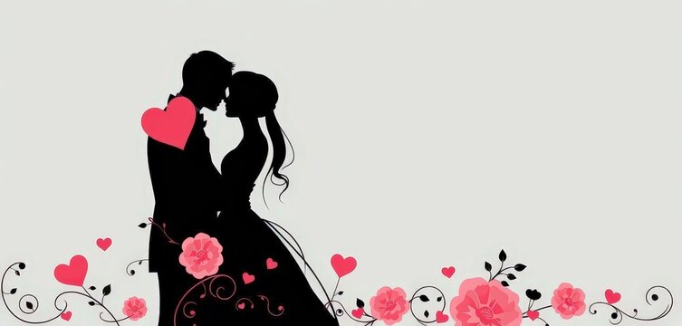 Silhouette of embracing figures with floral heart accents, elegant wedding/Valentine's design, anniversary, engagement