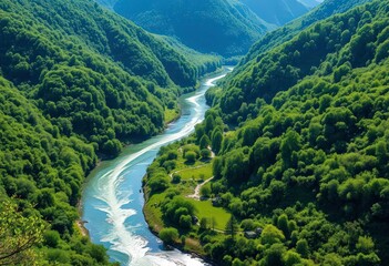Serene river meandering through lush green valley, sunlight dappled on water, wide, nature