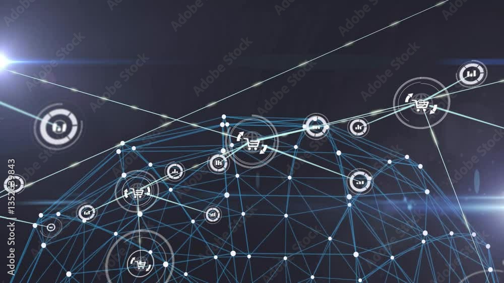 Poster network of connections and data processing animation over dark background