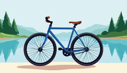 Naklejka premium Modern blue bicycle by serene lake, harmony with nature