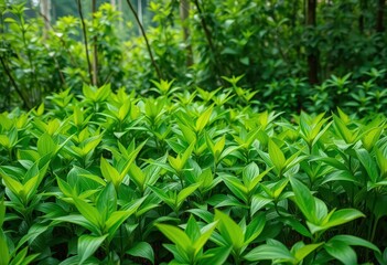 Fototapeta premium Lush green plants thriving after afforestation, botanical, seedling