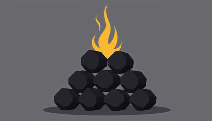 Stack of charcoal briquettes with flames, grilling preparation