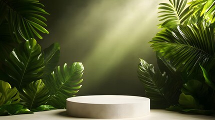 A podium in a vibrant tropical setting, surrounded by lush greenery and soft sunlight