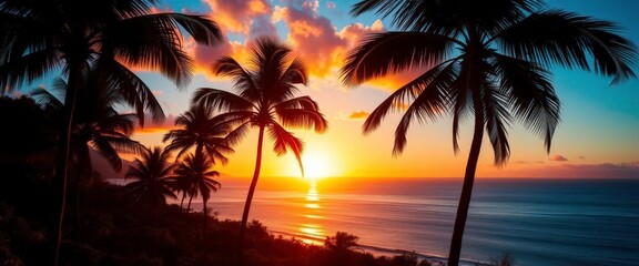 Silhouetted palm trees frame a fiery sunset over a tranquil ocean from a tropical hillside,  calm, beach