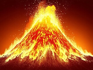 A brightly lit and erupting volcano with molten lava flowing