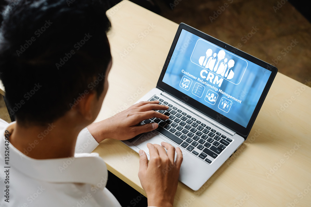 Poster customer relationship management system on modish computer for crm business and enterprise
