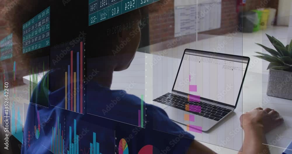 Poster working on laptop at desk, person analyzing colorful bar graphs and animation charts