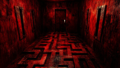 Dark, eerie hallway with red walls and a maze-patterned floor, creating a suspenseful atmosphere