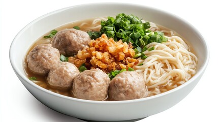 Fototapeta premium Serving of Asian Meatball Noodle Soup with Green Onions in Bowl