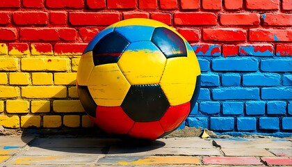 two soccer balls on a colorful brick wall.